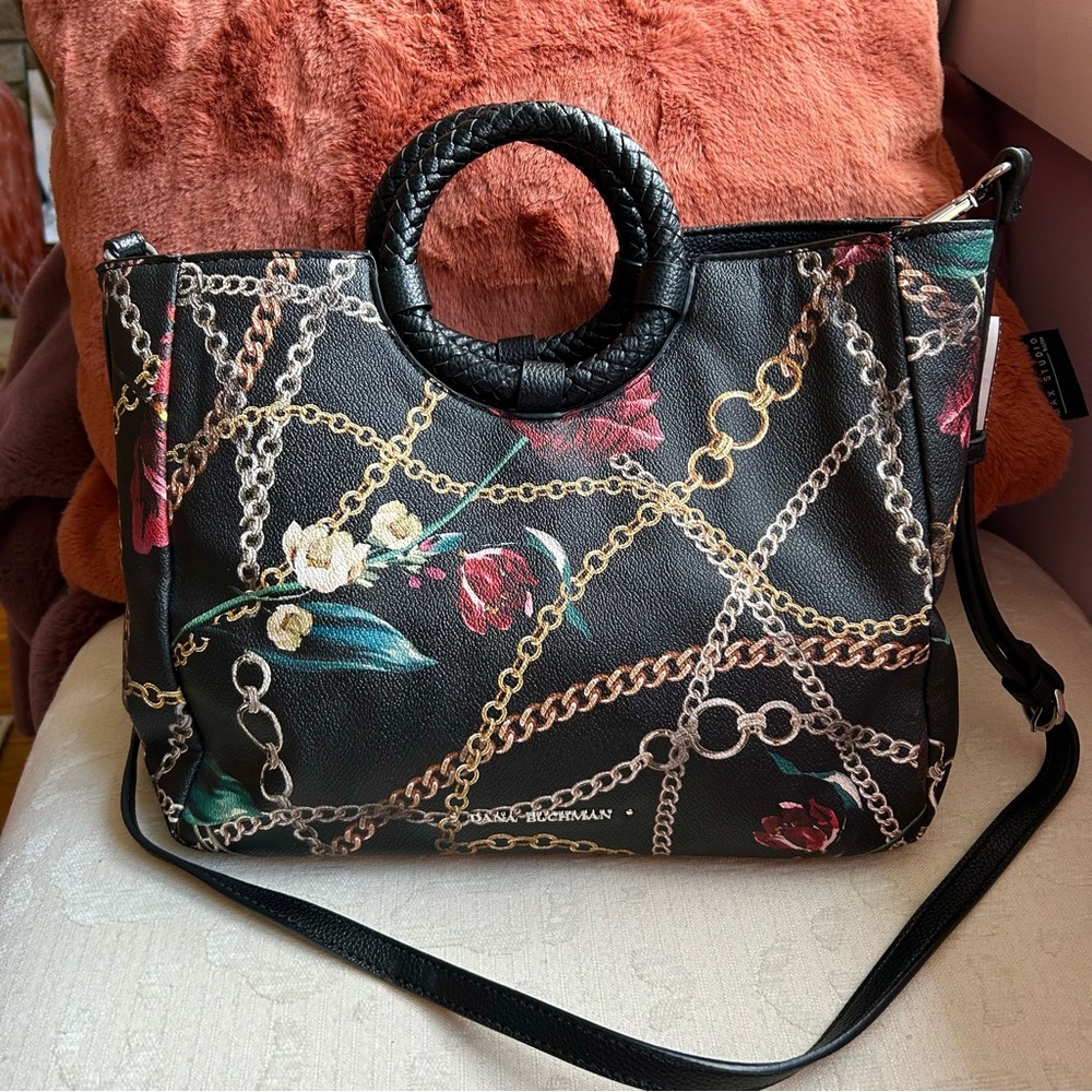 Dana Buchman, black floral vegan satchel crossbody bag - Picture 11 of 15